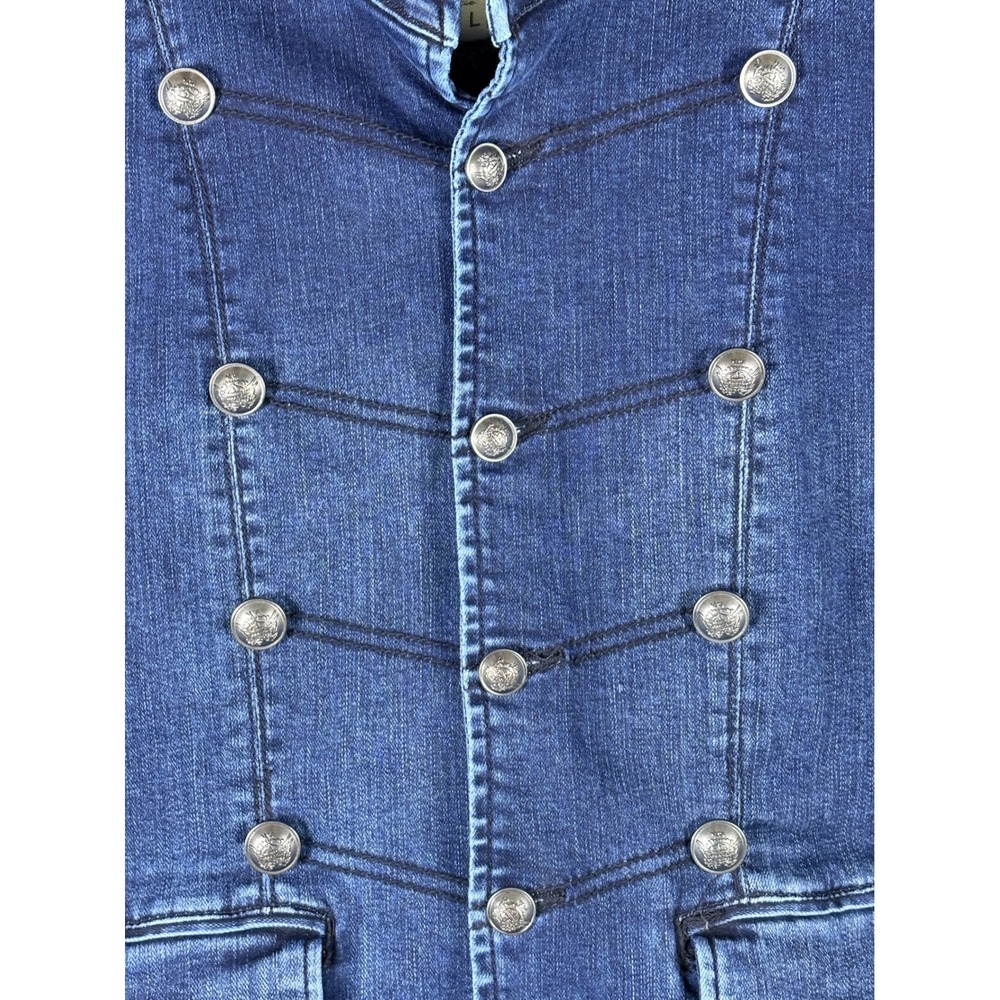 American Rag Womens Military Denim Jacket Blue Crest Button Stand Collar Large - Picture 2 of 7